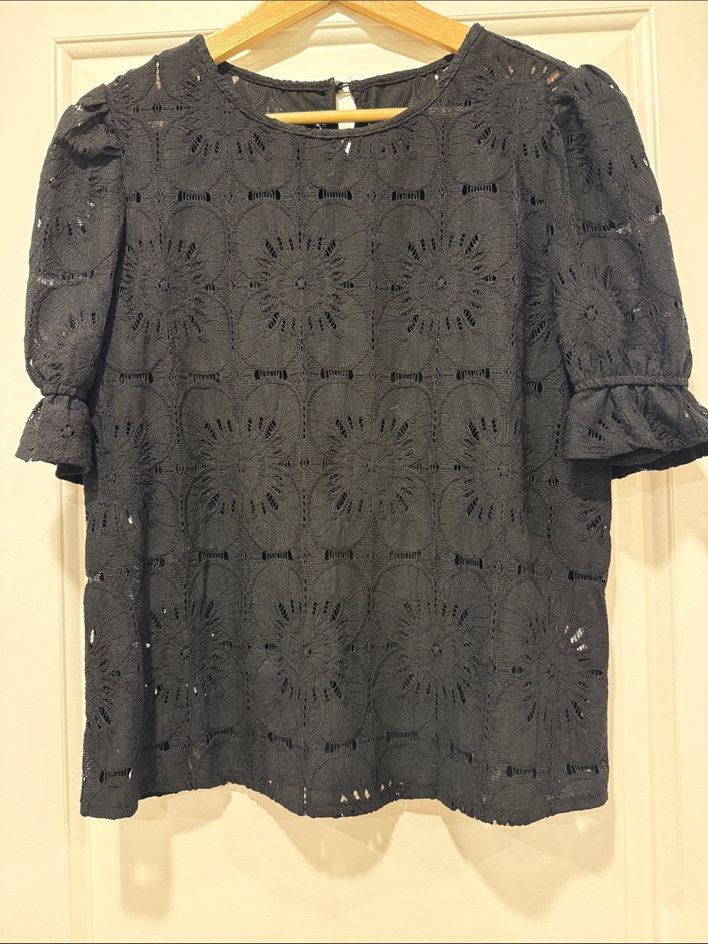 Black Eyelet Puff-Sleeve Women's Top